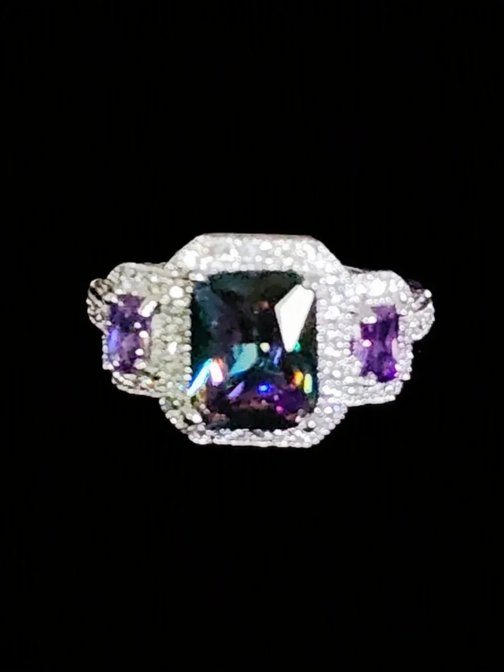 Vintage Y2K 925 Sterling Silver Mystic Topaz & CZ Halo Three-Stone Ring Sz 7.75